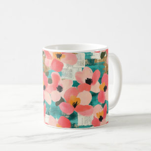 Coral Pink Floral Turquoise Vintage Coffee Mug