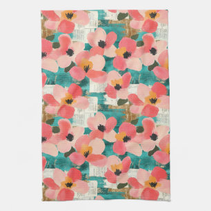 Coral Pink Floral Turquoise Vintage Tea Towel