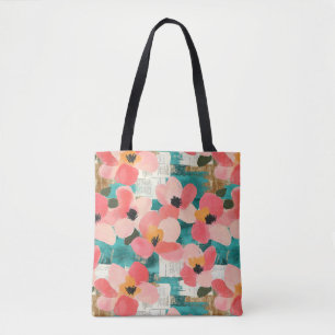 Coral Pink Floral Turquoise Vintage Tote Bag