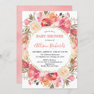 Coral pink floral watercolor baby shower girl invitation
