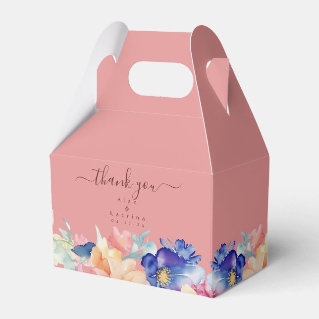 Coral Pink Floral Wedding Favour Gable Box (Front Side)