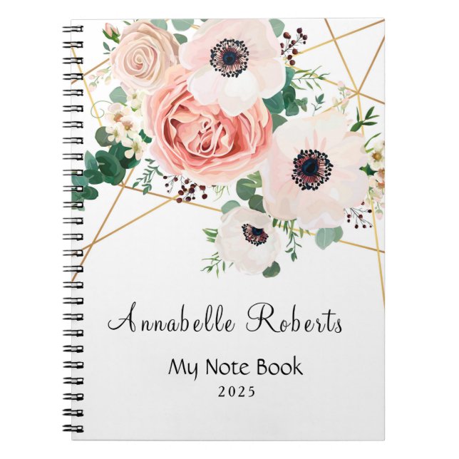 Coral Pink Flowers Modern Geometric Notebook (Front)