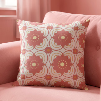 Coral Pink Flowers On Cream Cushion