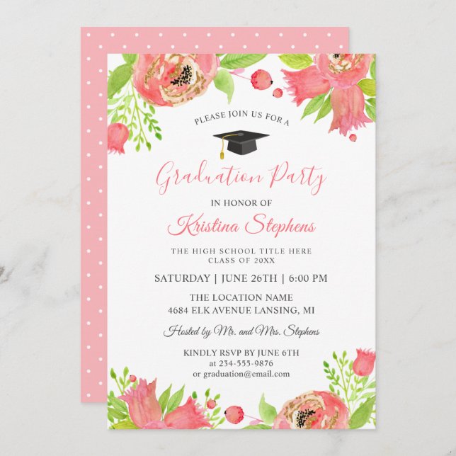 Coral Pink Flowers Spring Garden Graduation Party Invitation (Front/Back)