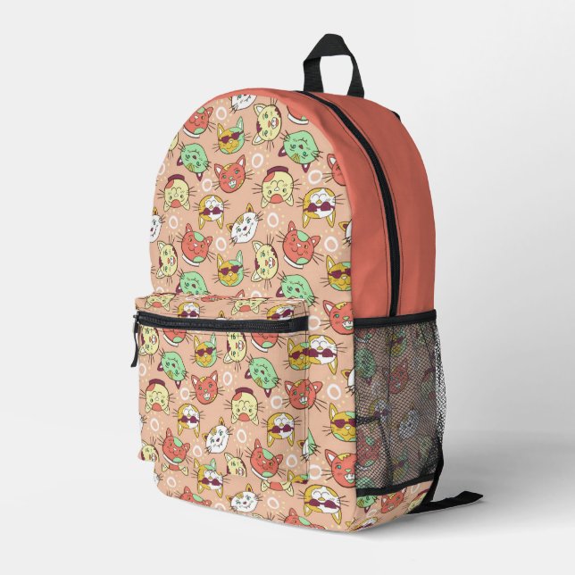 Coral Pink Funny Cat Faces Kids Printed Backpack (Back Corner Right)