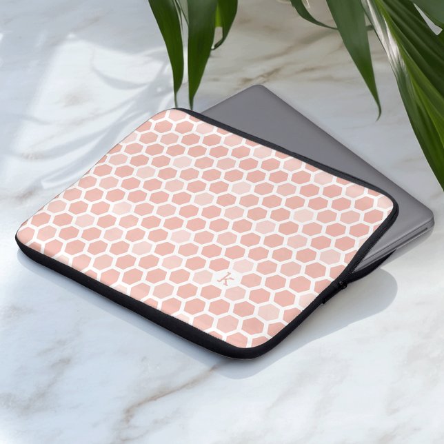 Coral Pink Geo Hexagon Pattern Monogram Laptop Sleeve (Creator Uploaded)