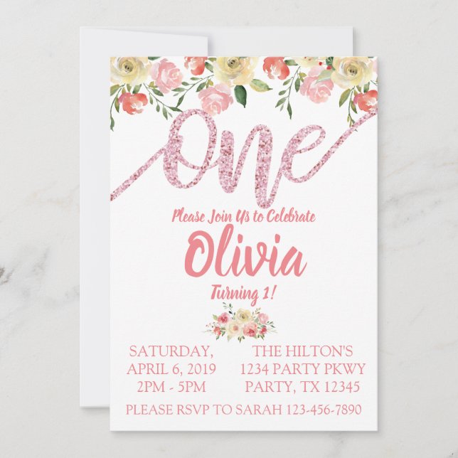 Coral &  Pink Glitter Floral First Birthday Party Invitation (Front)