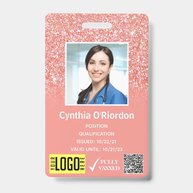 Coral Pink Glitter Photo ID QR Barcode Badge (Front)
