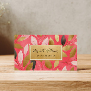 Coral Pink Gold Leaves Botanical Business Cards