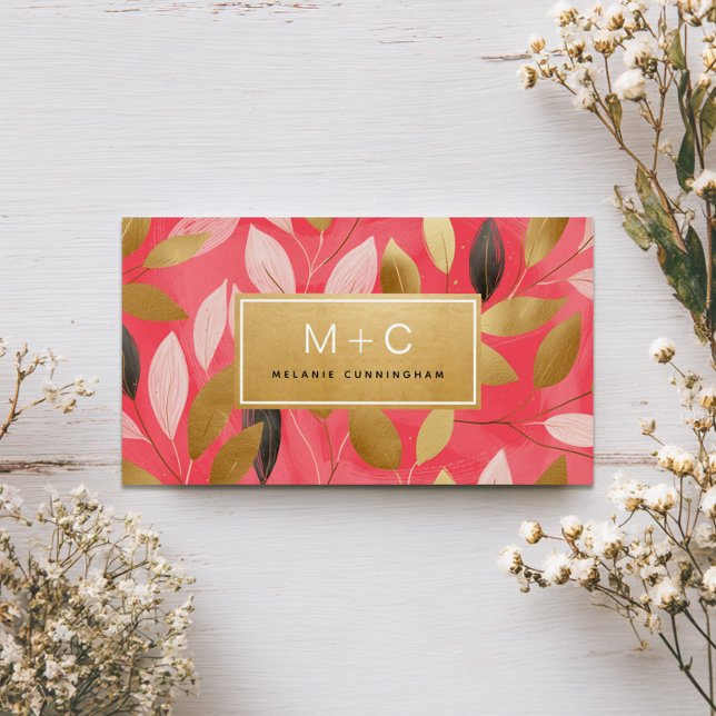 Coral Pink Gold Leaves Monogram Business Cards (Creator Uploaded)