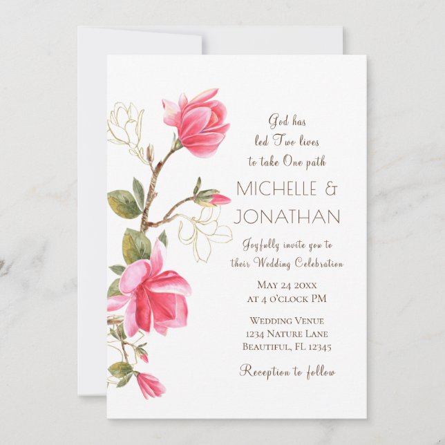 Coral Pink Gold Magnolia Floral Christian Wedding Invitation (Front)