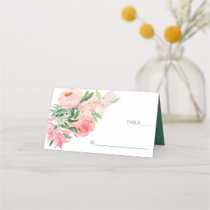 Coral Pink Green Floral Wedding Place Card
