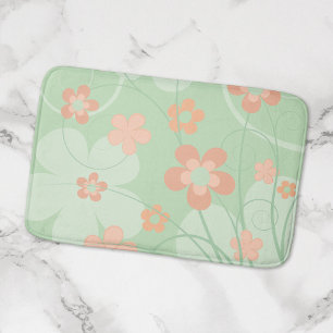 Coral pink Green Flowers Simple cute Spring Floral Bath Mat