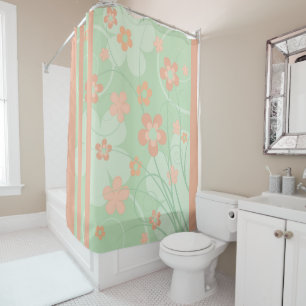 Coral pink Green Flowers Simple cute Spring Floral Shower Curtain
