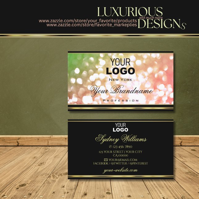 Coral Pink Green Ombre Glitter Logo Gold and Black Business Card (Creator Uploaded)