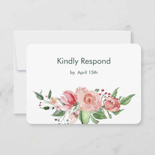 Coral Pink Green Rose Floral Wedding RSVP (Front)