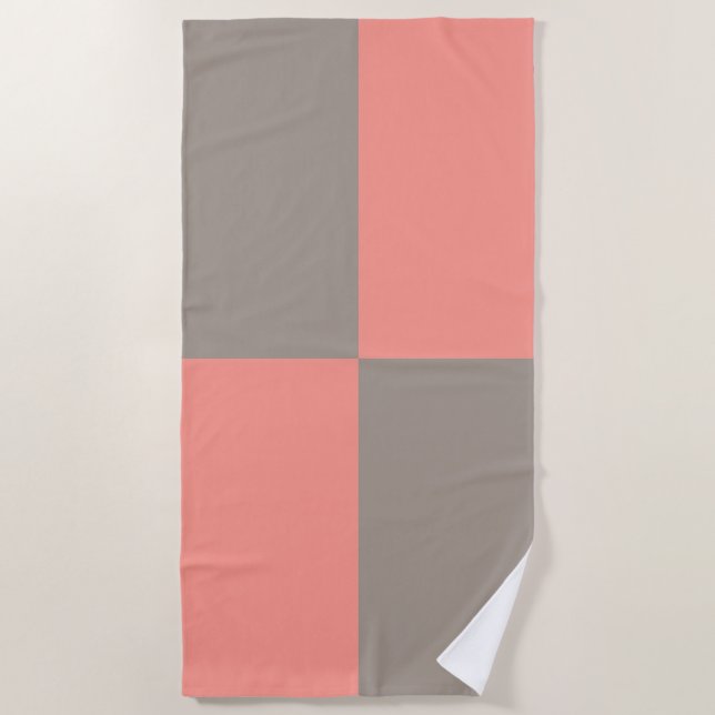 Coral Pink Grey Chequered Pattern Beach Towel (Front)