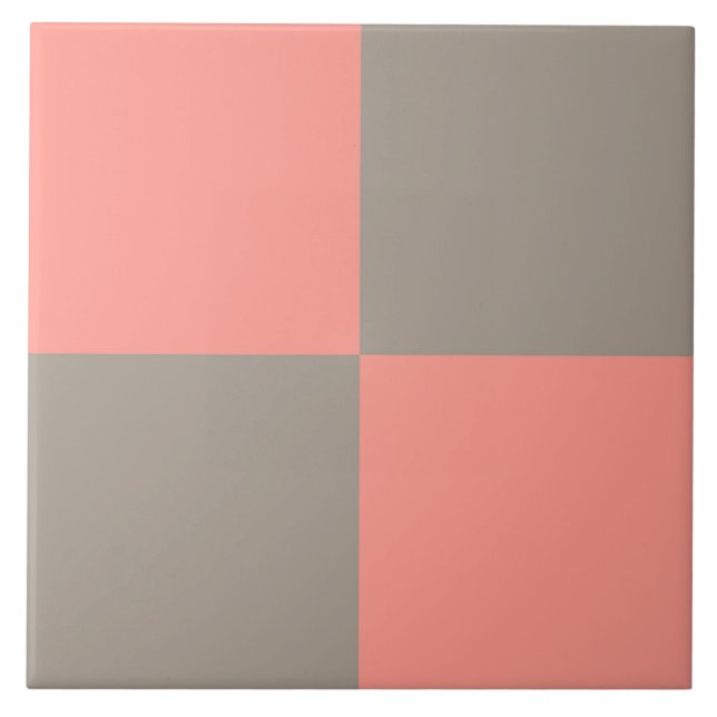 Coral Pink Grey Chequered Pattern Tile (Front)