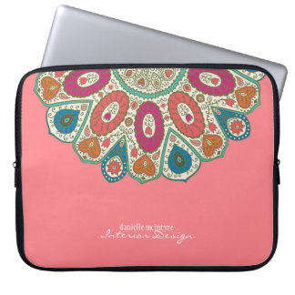 Coral Pink Hand Drawn Henna Circle Pattern Design Laptop Sleeve