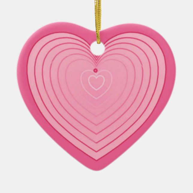 Coral pink heart, deeper pink background ceramic tree decoration (Front)