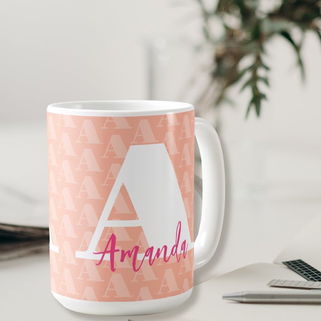 Coral Pink Initial White Letter Script Designer  Coffee Mug (Creator Uploaded)