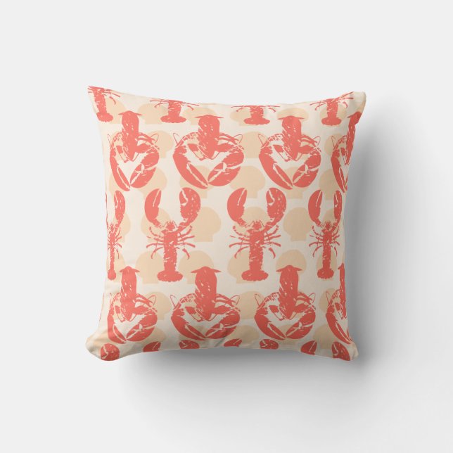 Coral Pink Lobsters and Seashells Nautical Pattern Cushion (Front)