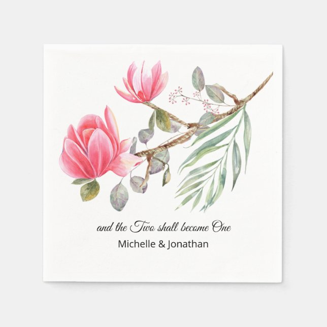 Coral Pink Magnolia Floral Inspirational Wedding Napkin (Front)