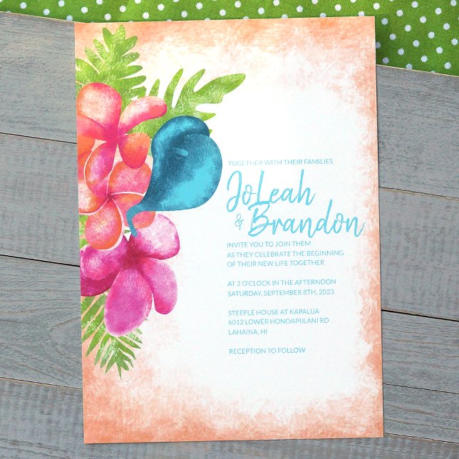 Coral Pink Malibu Blue Tropical Wedding Invitation (pink coral turquoise tropical flower wedding invitations)