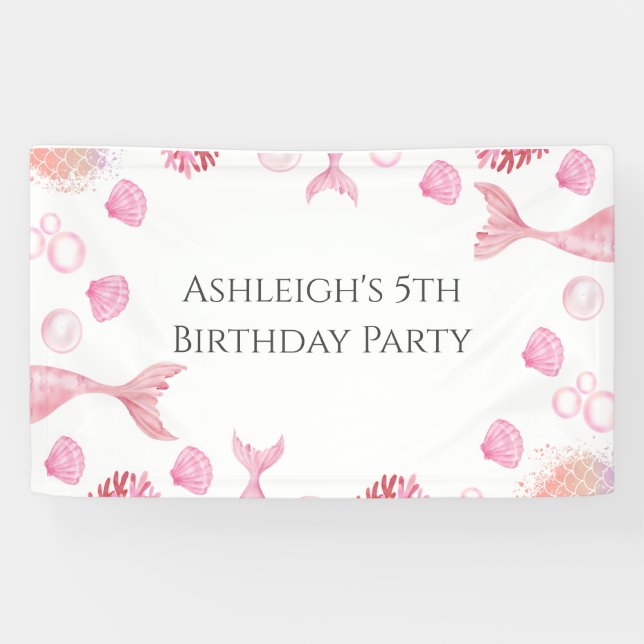 Coral Pink Mermaid Themed Birthday Party  Banner (Horizontal)