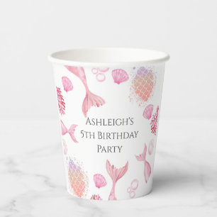 Coral Pink Mermaid Themed Birthday Party Paper Cups