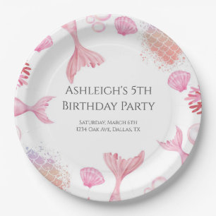 Coral Pink Mermaid Themed Birthday Party Paper Plate