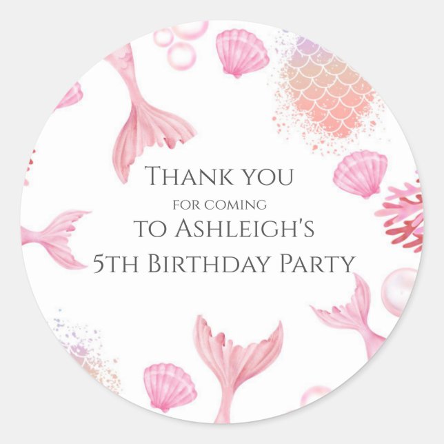 Coral Pink Mermaid Themed Birthday Party Sticker (Front)