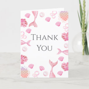 Coral Pink Mermaid Themed Birthday Party Thank You Card