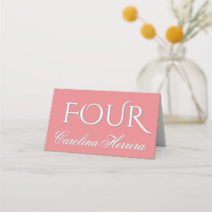 Coral Pink Minimalist Script Guest Name Number Place Card