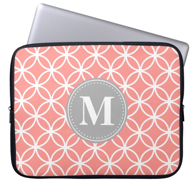 Coral Pink Modern Circles Grey Monogram Laptop Sleeve (Front)