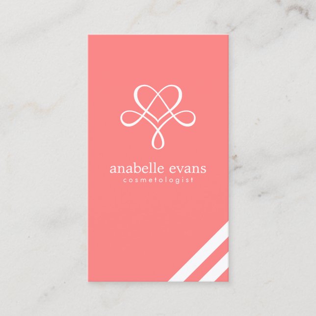 Coral Pink Modern Heart and Swirls Business Card (Front)