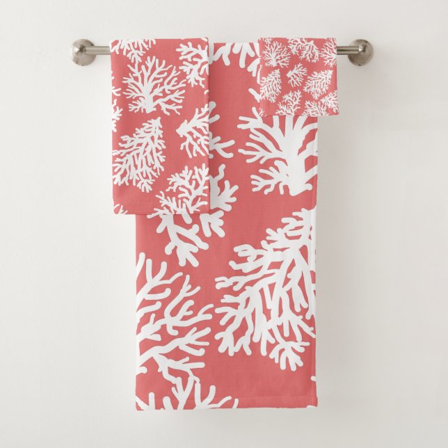 Coral Pink Modern  White Beach Coral  Reefs Bath Towel Set (Insitu)