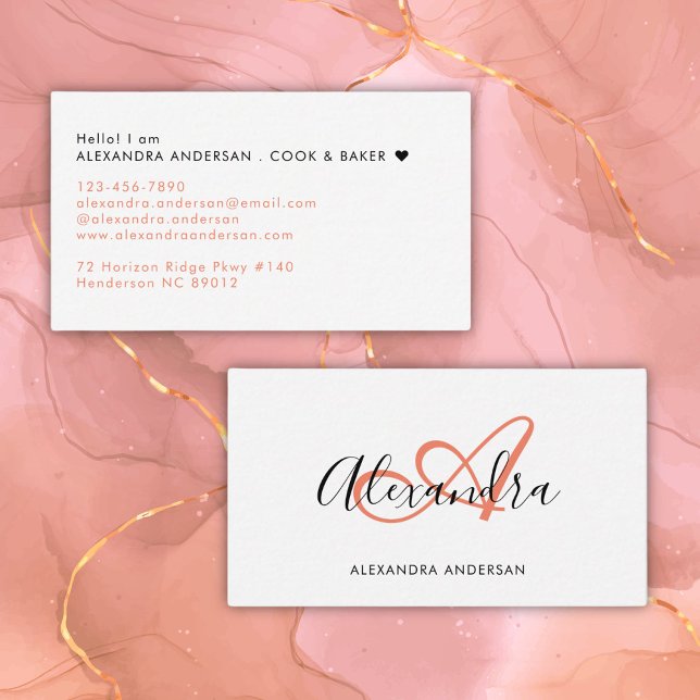 Coral Pink Monogram Initial Script Name Business Card (Elegant Monogram Coral Pink Black Script Name Business Card)