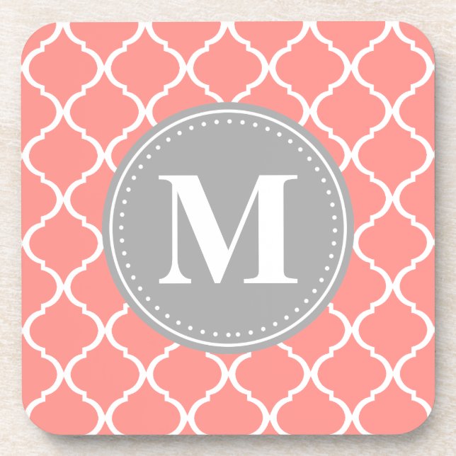 Coral Pink Moroccan Lattice Grey Monogram Coaster (Front)