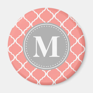 Coral Pink Moroccan Lattice Grey Monogram Magnet