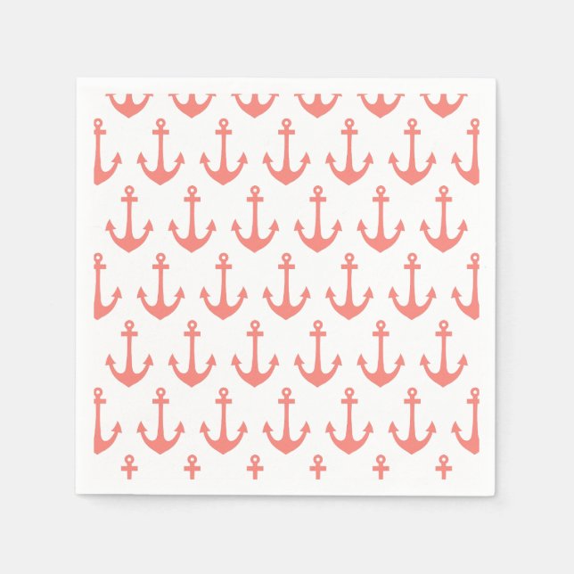 Coral Pink Nautical Anchor Pattern Napkin (Front)