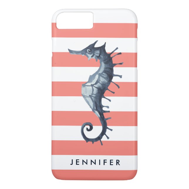 Coral pink Nautical Seahorse personalised monogram Case-Mate iPhone Case (Back)