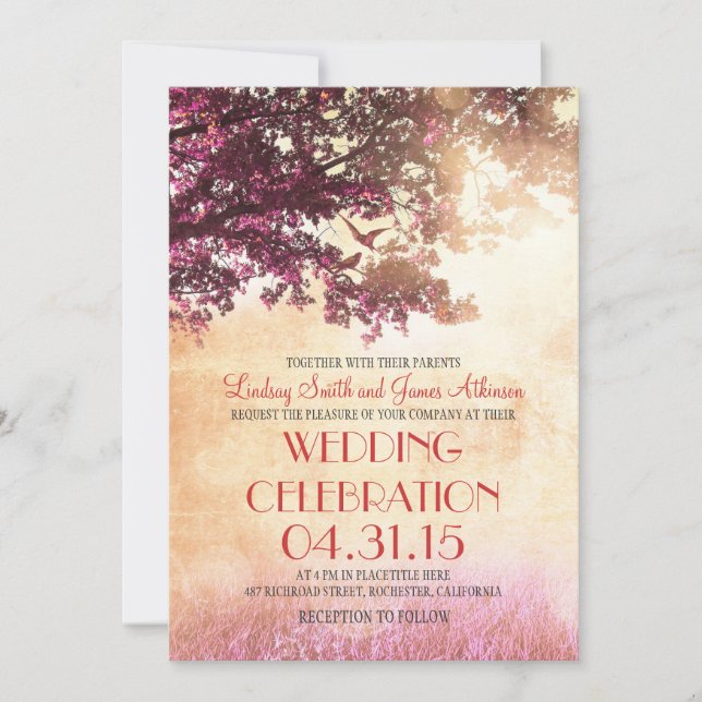 Coral pink oak tree & love birds wedding invites (Front)