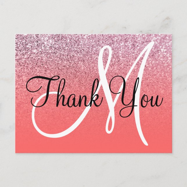 Coral Pink Ombre Glitter Monogram Thank You Postcard (Front)