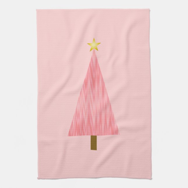 Coral Pink Ombre modern Christmas tree Tea Towel (Vertical)