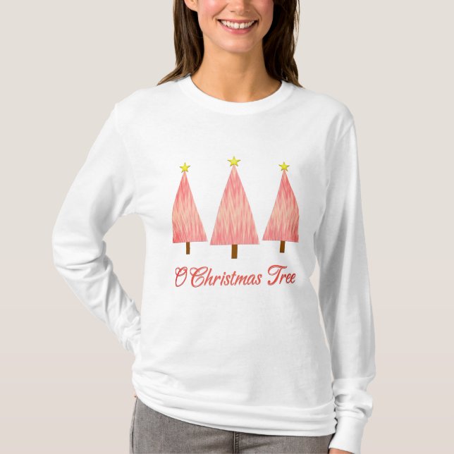 Coral Pink Ombre Pattern Modern Christmas Trees T-Shirt (Front)