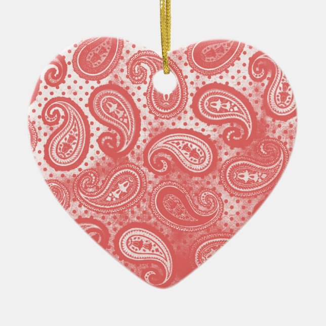 Coral Pink Paisley Heart Ceramic Tree Decoration (Front)