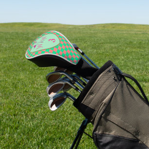 Coral Pink & Pastel Green Chequered Monogram Golf Head Cover