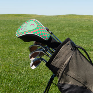 Coral Pink & Pastel Green Chequered Monogram Golf Head Cover