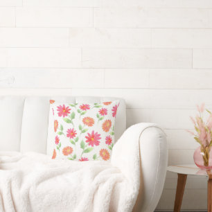 Coral Pink Peach Watercolor Daisy Pattern Cushion